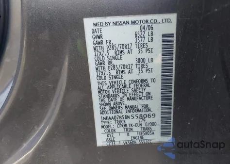 2006 Nissan Titan Se from USA, damaged, VIN 1N6AA07B56N558069
